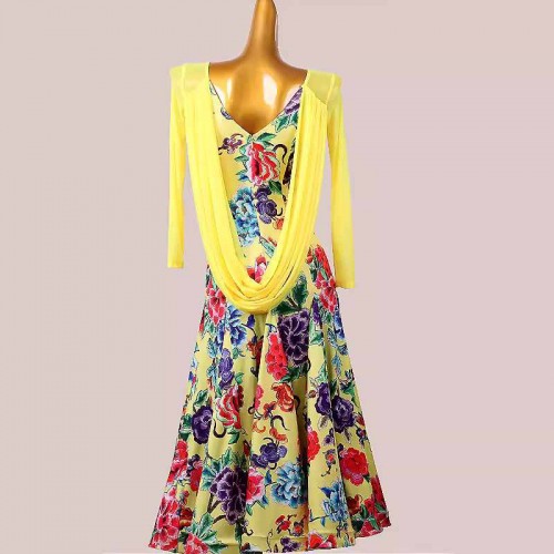 Customized size yellow floral ballroom dance dresses for women girls waltz tango foxtrot smooth flamenco dance long gown for female